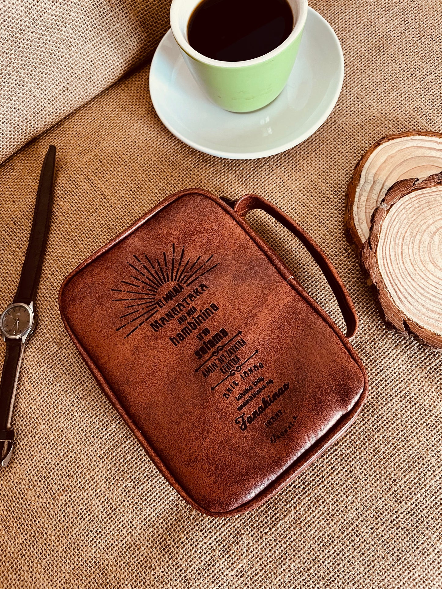 Faux leather cover with closure